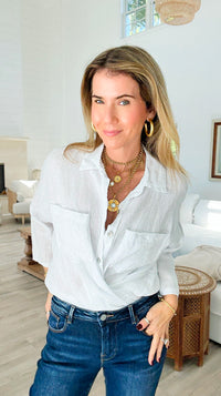 Pure Breeze Linen Italian Button Top- White-110 short Sleeve Top-Italianissimo-Coastal Bloom Boutique, find the trendiest versions of the popular styles and looks Located in Indialantic, FL