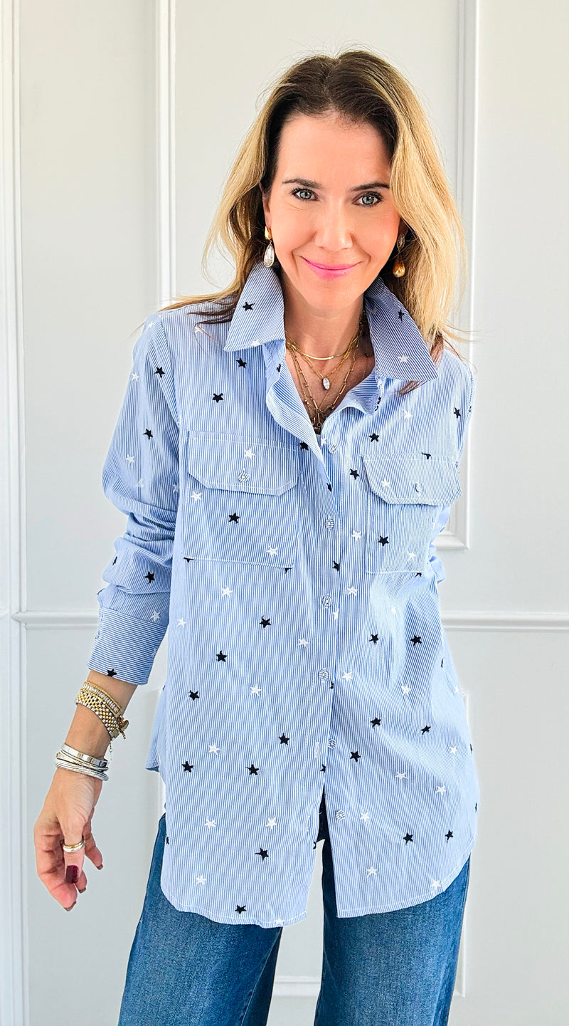 Starlit Stripes Button-Down Top-130 Long Sleeve Tops-Vine & Love-Coastal Bloom Boutique, find the trendiest versions of the popular styles and looks Located in Indialantic, FL