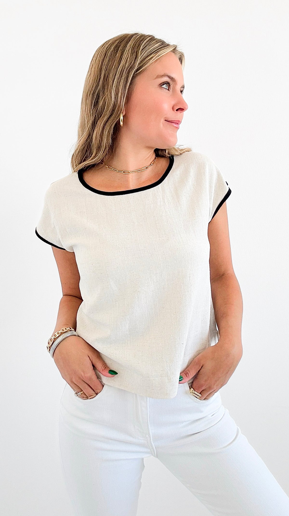 Contrast Linen Boxy Top-110 Short Sleeve Tops-Blu Pepper-Coastal Bloom Boutique, find the trendiest versions of the popular styles and looks Located in Indialantic, FL