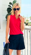 Ruffled Placket Sleeveless Top - Red-100 Sleeveless Tops-ARYEH-Coastal Bloom Boutique, find the trendiest versions of the popular styles and looks Located in Indialantic, FL