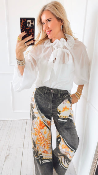 Sheer Romance Ruffle Tie Italian Blouse - White
