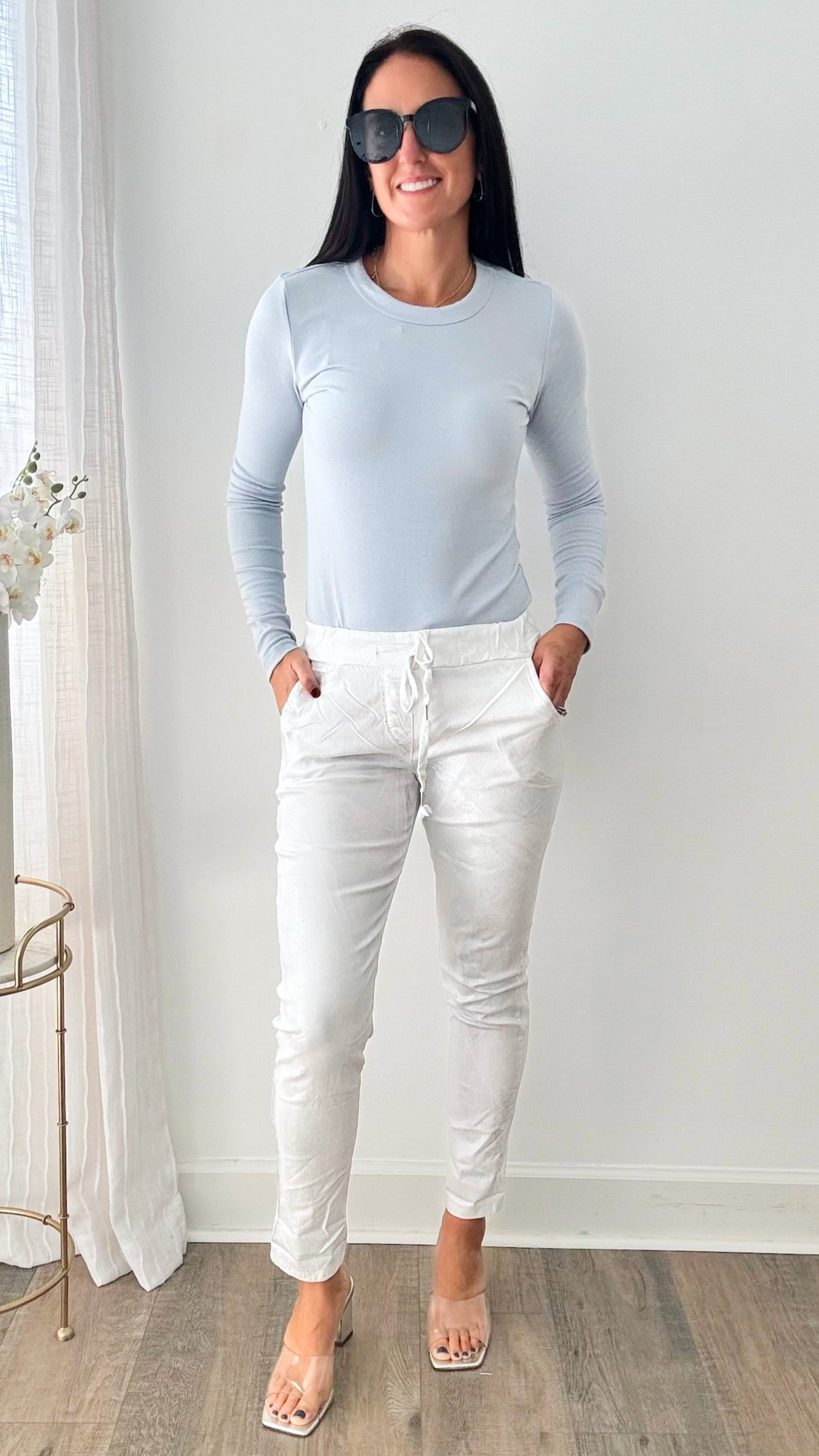 Glistening Italian Joggers - White /Silver-180 Joggers-Germany-Coastal Bloom Boutique, find the trendiest versions of the popular styles and looks Located in Indialantic, FL