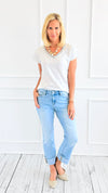 Shimmer Trim V-Neck Italian Top- White-110 short Sleeve Top-SARL LACOMY-Coastal Bloom Boutique, find the trendiest versions of the popular styles and looks Located in Indialantic, FL