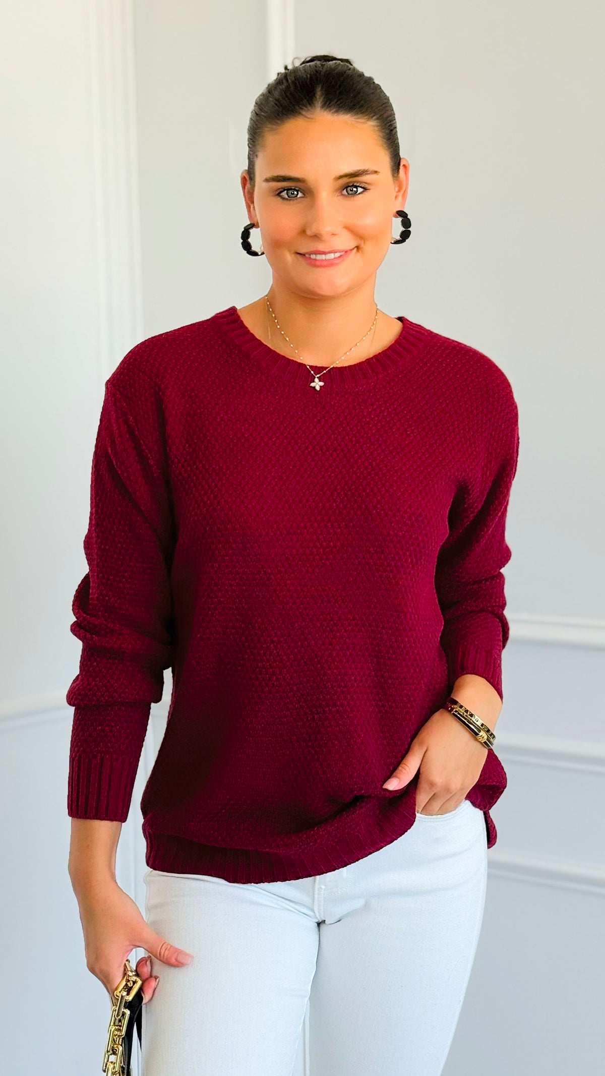 Round Neck Basic Sweater - Cabernet-140 Sweaters-Zenana-Coastal Bloom Boutique, find the trendiest versions of the popular styles and looks Located in Indialantic, FL