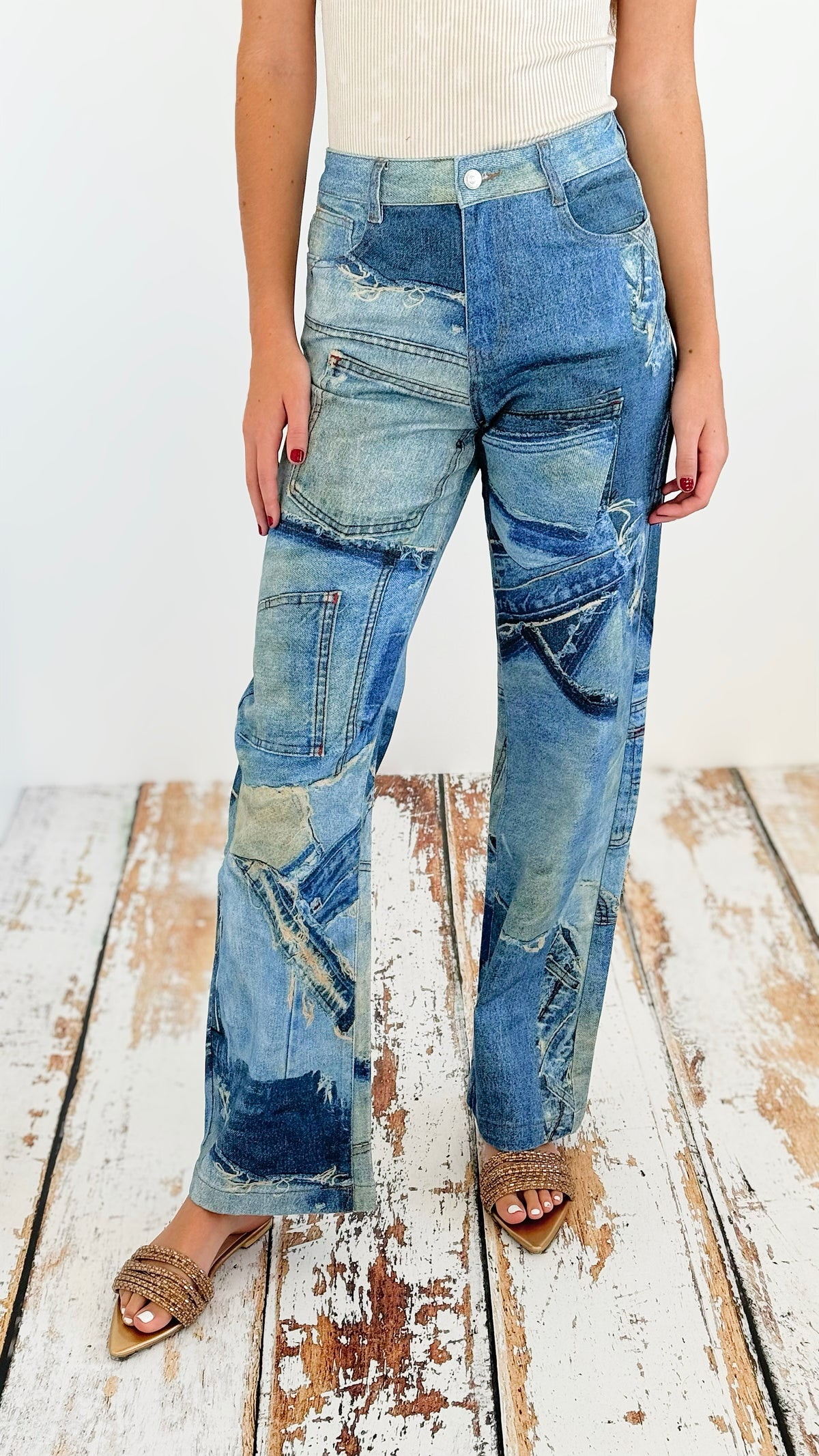 Patchwork Vintage Denim Pants-170 Bottoms-MUY MUY FANCY-Coastal Bloom Boutique, find the trendiest versions of the popular styles and looks Located in Indialantic, FL