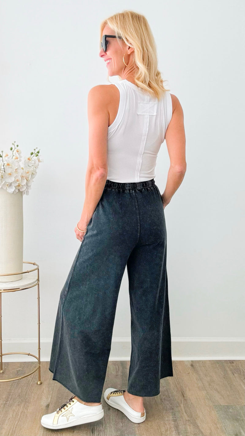Washed Terry Knit Wide SweatPants- Black-170 Bottoms-EASEL-Coastal Bloom Boutique, find the trendiest versions of the popular styles and looks Located in Indialantic, FL