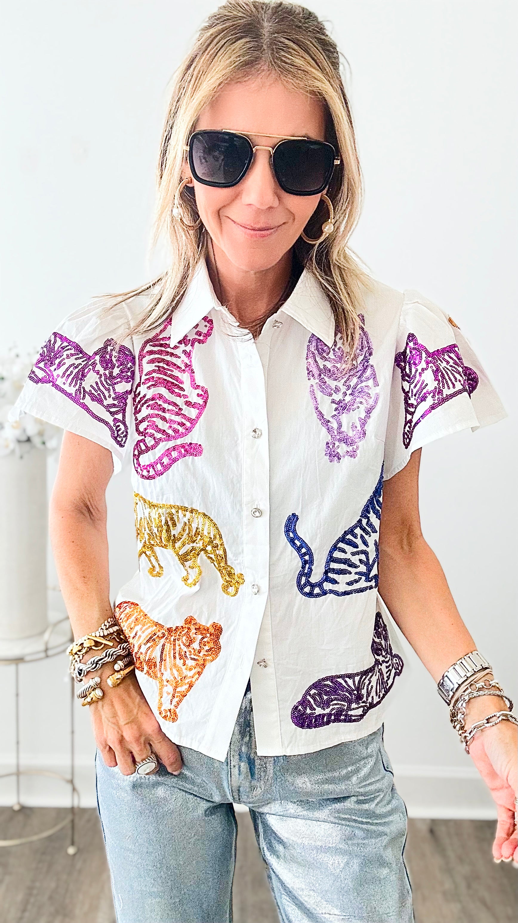 Rainbow Sequin Fierce Button Queen of Sparkles Top-110 Short Sleeve Tops-Queen of Sparkles-Coastal Bloom Boutique, find the trendiest versions of the popular styles and looks Located in Indialantic, FL