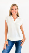 Lemon Drop Collared Knit Top - Off White-100 Sleeveless Tops-Tres Bien-Coastal Bloom Boutique, find the trendiest versions of the popular styles and looks Located in Indialantic, FL