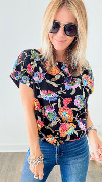 Raining Sequins Floral Off-the-Shoulder Blouse - Black Multi-110 Short Sleeve Tops-MAIN STRIP-Coastal Bloom Boutique, find the trendiest versions of the popular styles and looks Located in Indialantic, FL