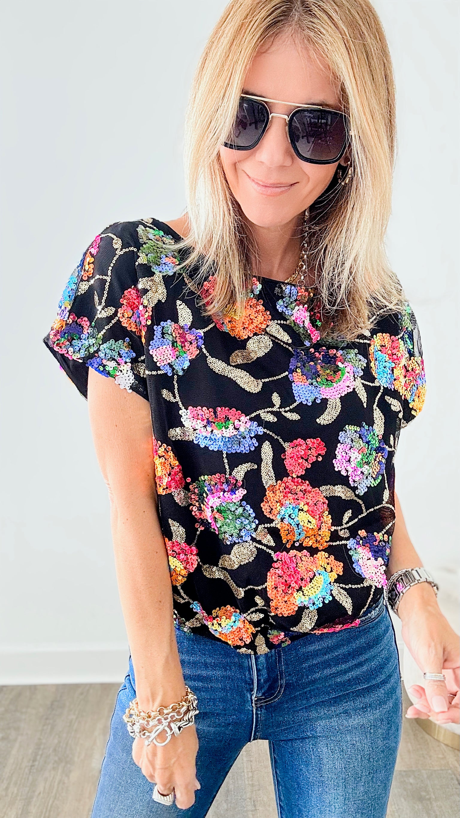 Raining Sequins Floral Off-the-Shoulder Blouse - Black Multi-110 Short Sleeve Tops-MAIN STRIP-Coastal Bloom Boutique, find the trendiest versions of the popular styles and looks Located in Indialantic, FL