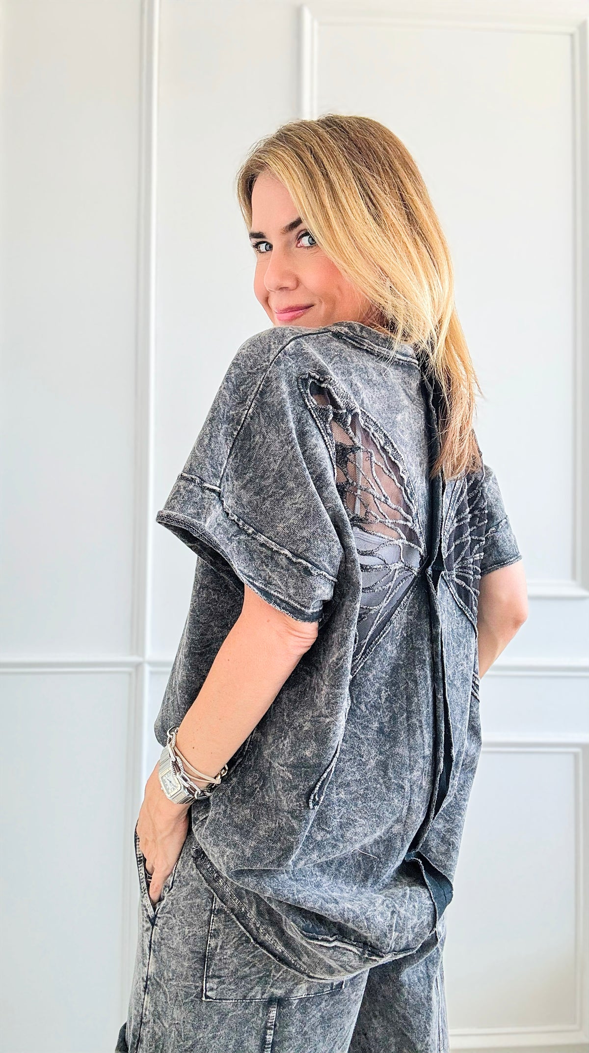 Mineral Wash Butterfly Short Sleeve Top - Ashed Black-110 Short Sleeve Tops-j.her-Coastal Bloom Boutique, find the trendiest versions of the popular styles and looks Located in Indialantic, FL