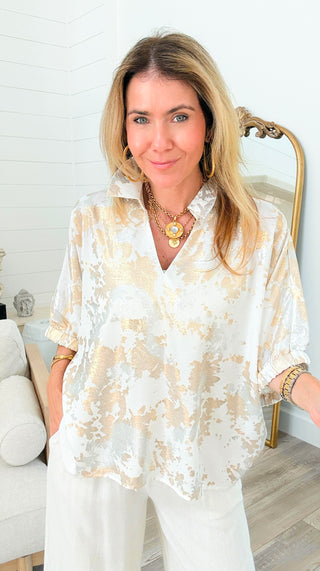 Metallic Puff Sleeve Top - White
