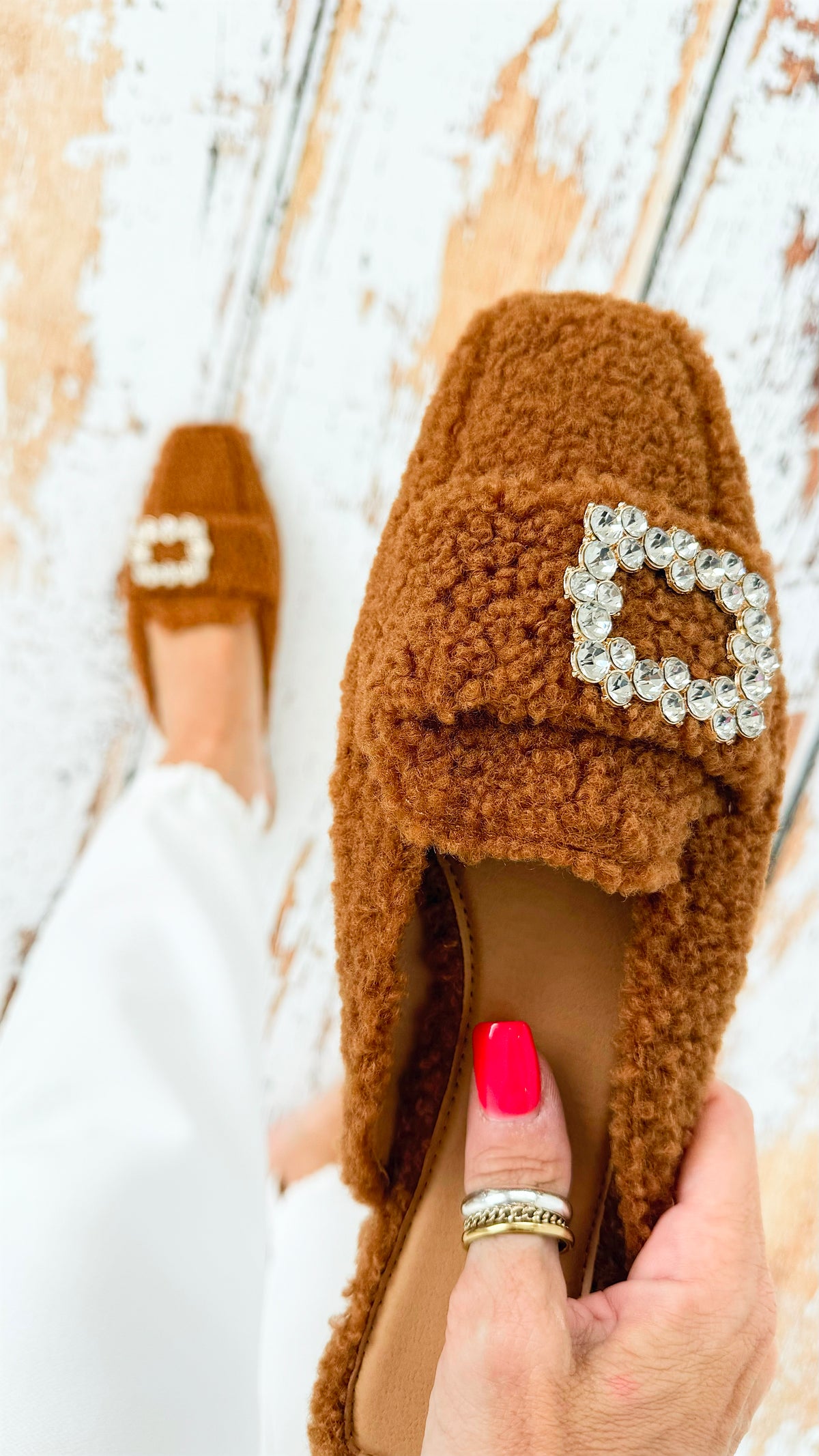 Embellished Fur Mule Flats - Brown-250 Shoes-Shoe La La-Coastal Bloom Boutique, find the trendiest versions of the popular styles and looks Located in Indialantic, FL