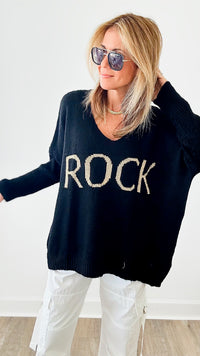 Rock V-Neck Italian Sweater - Black-130 Long sleeve top-VENTI6 OUTLET-Coastal Bloom Boutique, find the trendiest versions of the popular styles and looks Located in Indialantic, FL