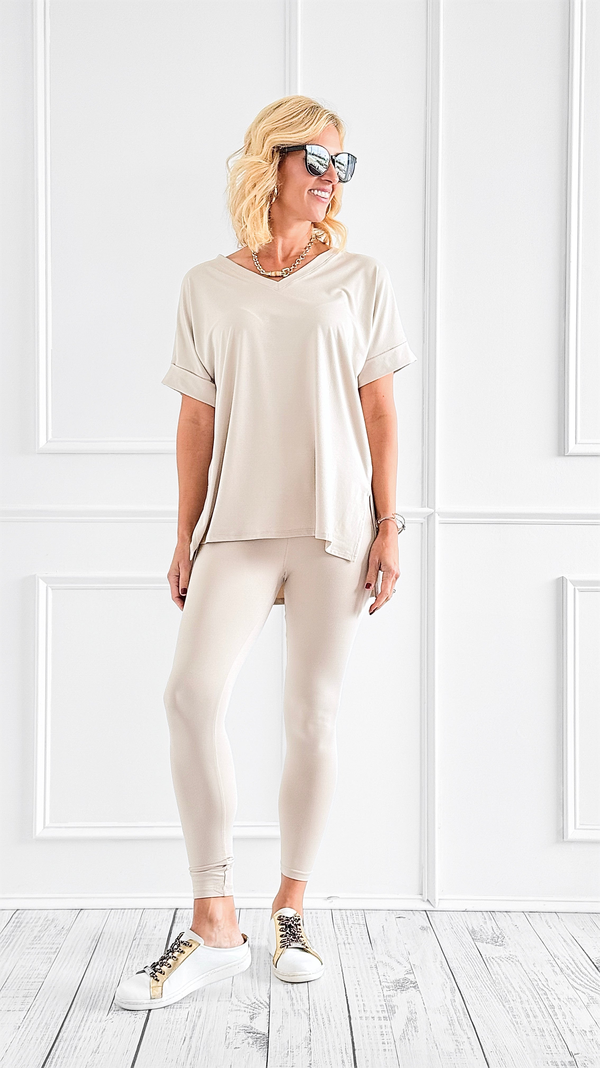 Short Sleeve Brushed Microfiber Lounge Set- Sand Beige-210 Loungewear/Sets-Zenana-Coastal Bloom Boutique, find the trendiest versions of the popular styles and looks Located in Indialantic, FL