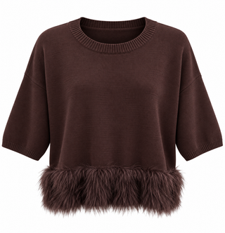 Fur Trim Knit Sweater - Brown