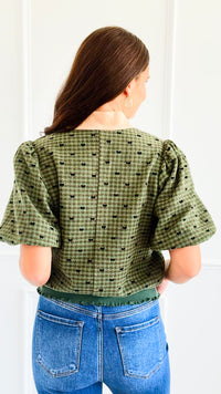 Ruffle Hem Puff Sleeve Top-110 Short Sleeve Tops-VOY-Coastal Bloom Boutique, find the trendiest versions of the popular styles and looks Located in Indialantic, FL
