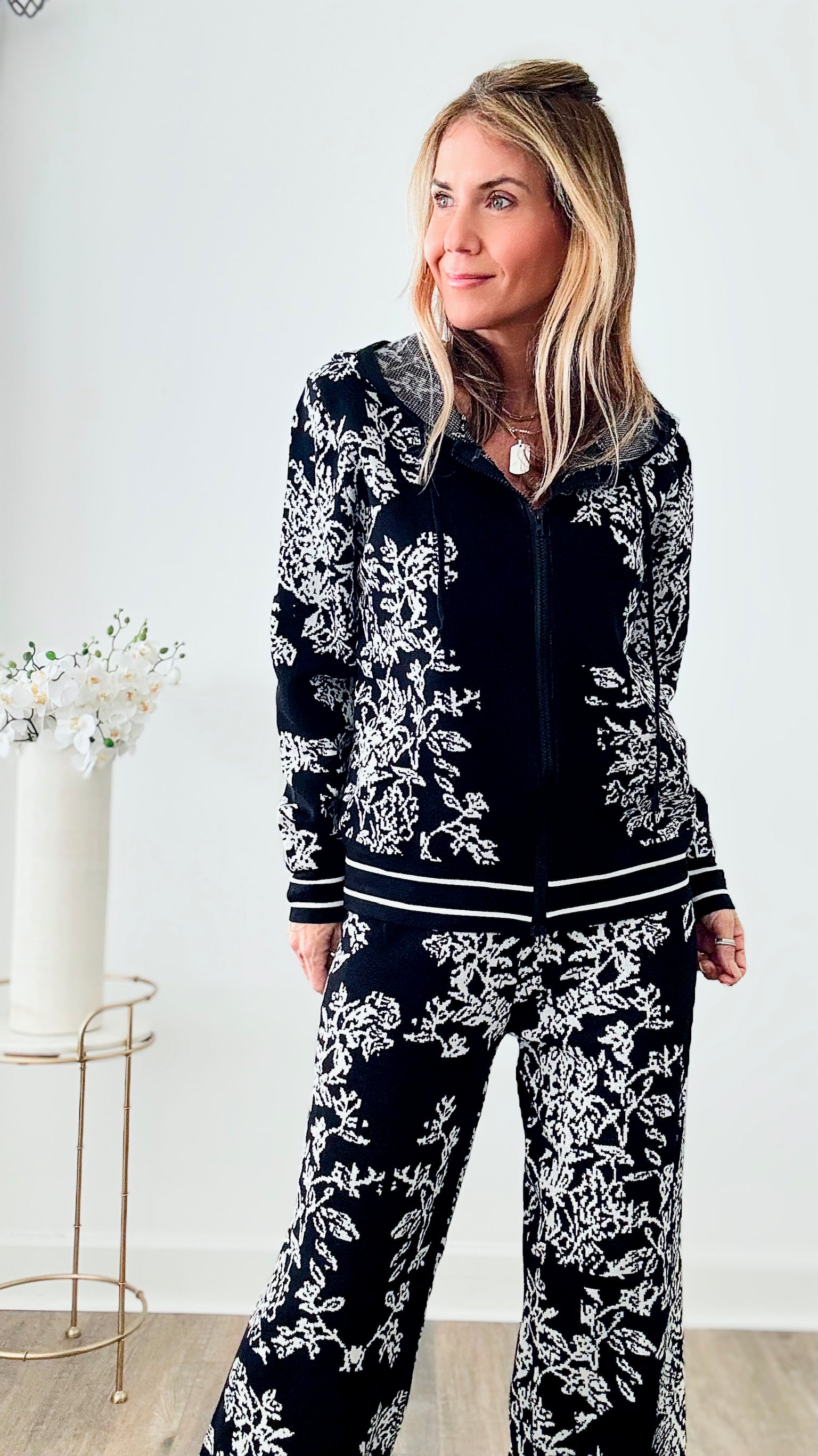 Adiorable Floral Tapestry Knit Zip Up Set - Black-130 Long sleeve top-Chasing Bandits-Coastal Bloom Boutique, find the trendiest versions of the popular styles and looks Located in Indialantic, FL