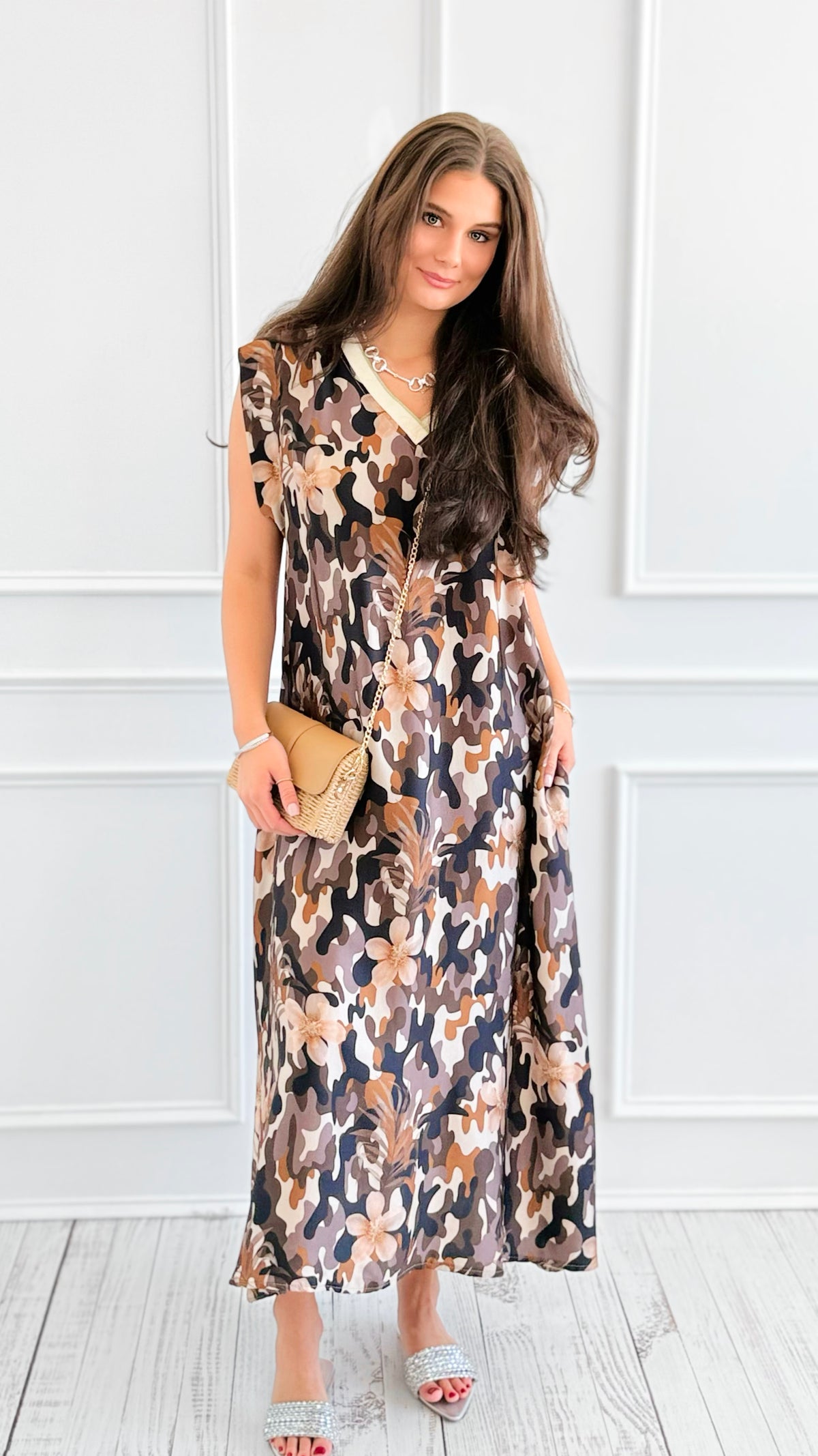 Bloom Camo Shimmer V-neck Italian Long Dress-200 Dresses/Jumpsuits/Rompers-1988-Coastal Bloom Boutique, find the trendiest versions of the popular styles and looks Located in Indialantic, FL