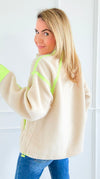 Glow Getter Sherpa Zip Sweatshirt - Oatmeal/Neon Green