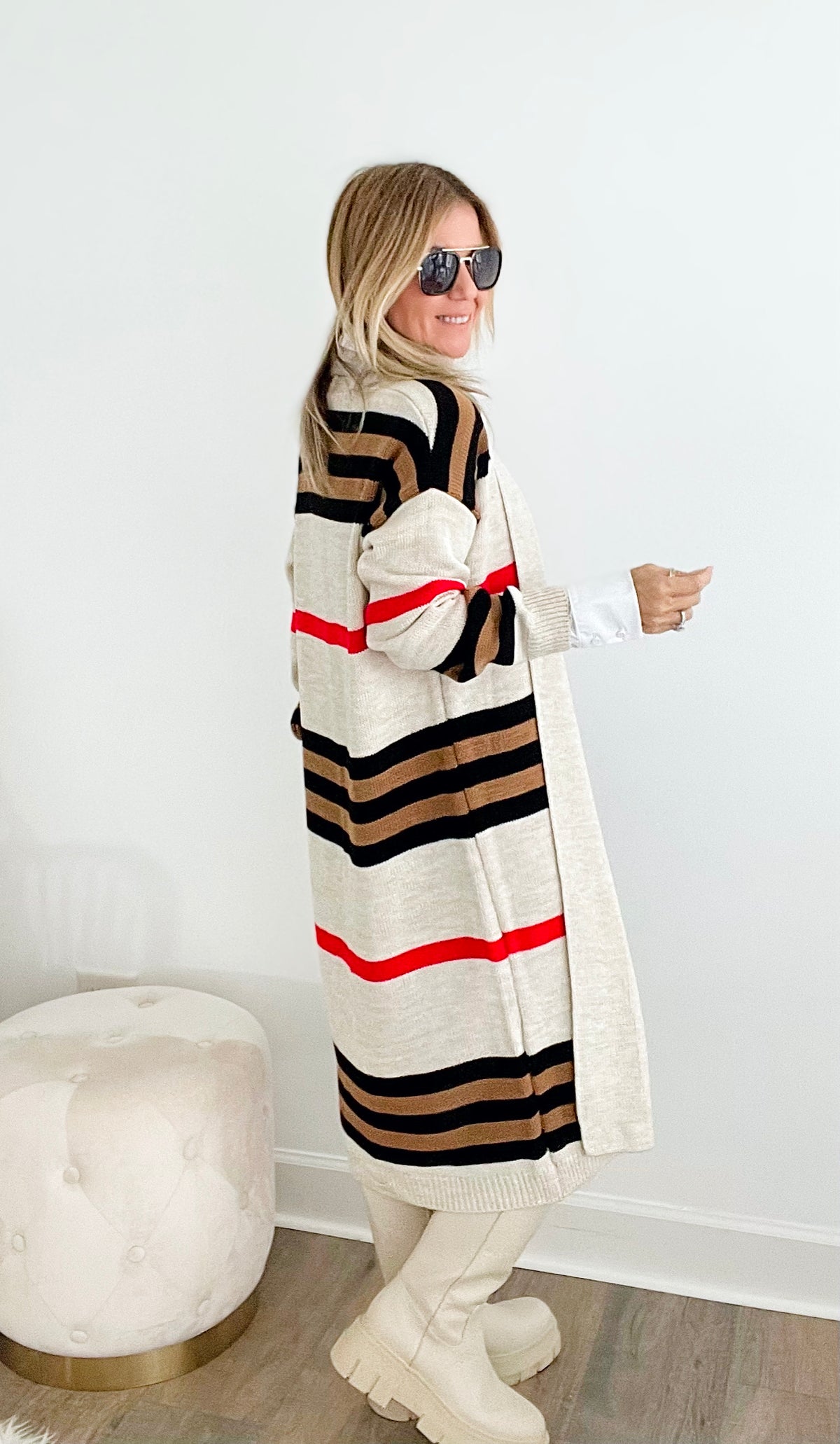 Striped Long Knitted Cardigan-Stone-150 Cardigans/Layers-Catwalk Wholesale / Yolly-Coastal Bloom Boutique, find the trendiest versions of the popular styles and looks Located in Indialantic, FL