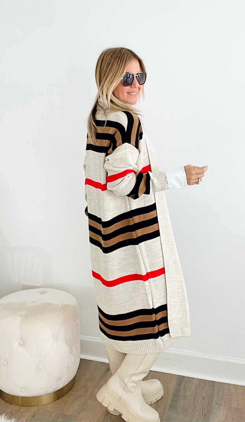 Striped Long Knitted Cardigan-Stone-150 Cardigans/Layers-Italianissimo-Coastal Bloom Boutique, find the trendiest versions of the popular styles and looks Located in Indialantic, FL