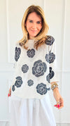 Noir Petals Short Sleeve Italian St Tropez Knit- Black-140 Sweaters-Italianissimo-Coastal Bloom Boutique, find the trendiest versions of the popular styles and looks Located in Indialantic, FL