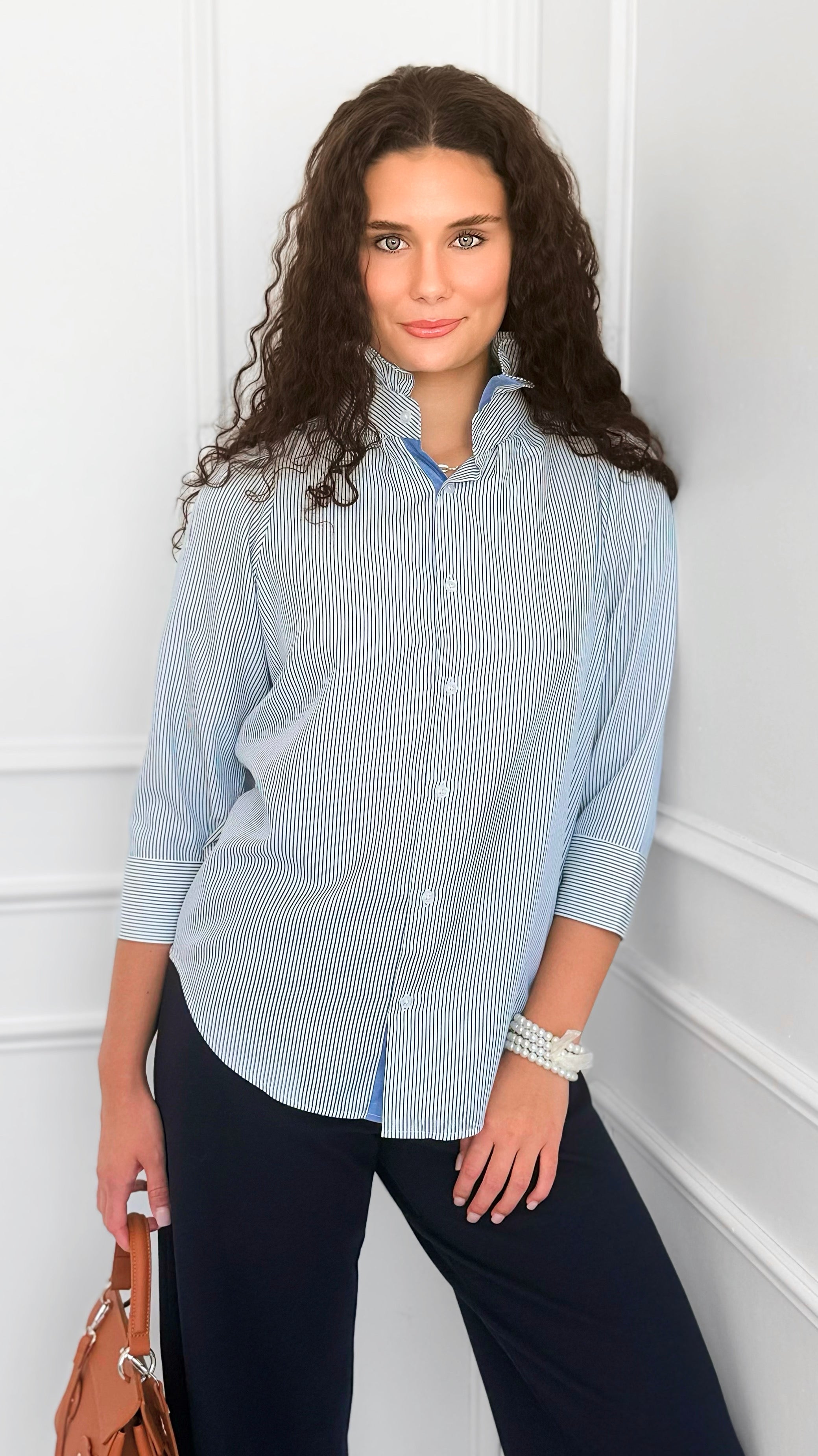 Italian Amelia Amore Di Righe Ruffle Blouse-110 Long Sleeve Tops-Italianissimo-Coastal Bloom Boutique, find the trendiest versions of the popular styles and looks Located in Indialantic, FL