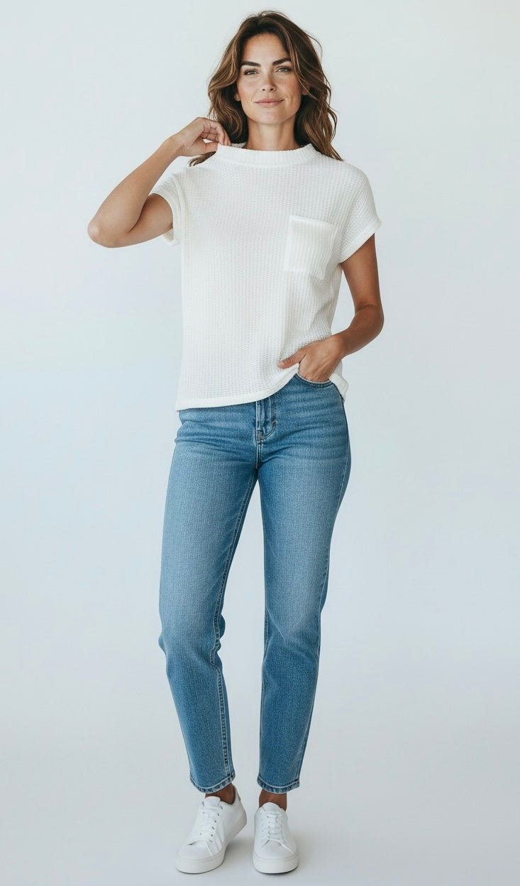 Everyday Waffle Knit Top - Ivory-110 Short Sleeve Tops-Zenana-Coastal Bloom Boutique, find the trendiest versions of the popular styles and looks Located in Indialantic, FL