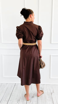 Elegant Belted Italian Midi Dress- Brown-200 Dresses/Jumpsuits/Rompers-AZUL MONACO-Coastal Bloom Boutique, find the trendiest versions of the popular styles and looks Located in Indialantic, FL