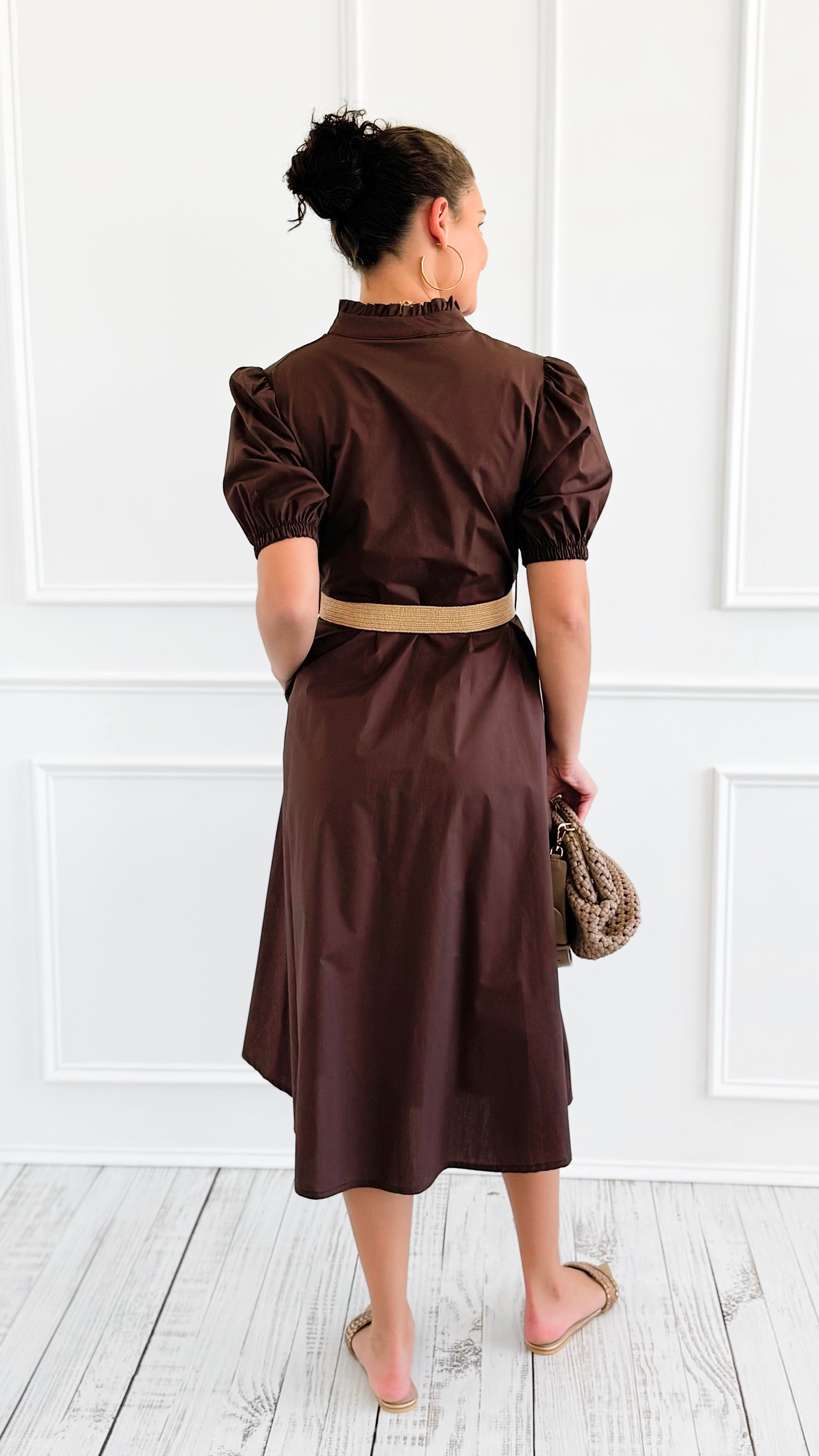 Elegant Belted Italian Midi Dress- Brown-200 Dresses/Jumpsuits/Rompers-AZUL MONACO-Coastal Bloom Boutique, find the trendiest versions of the popular styles and looks Located in Indialantic, FL