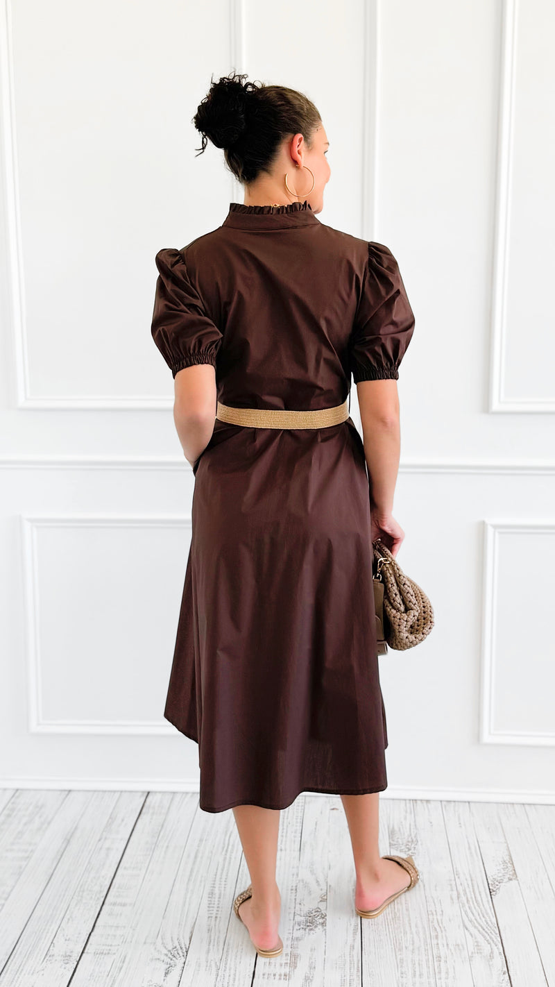 Elegant Belted Italian Midi Dress- Brown-200 Dresses/Jumpsuits/Rompers-AZUL MONACO-Coastal Bloom Boutique, find the trendiest versions of the popular styles and looks Located in Indialantic, FL
