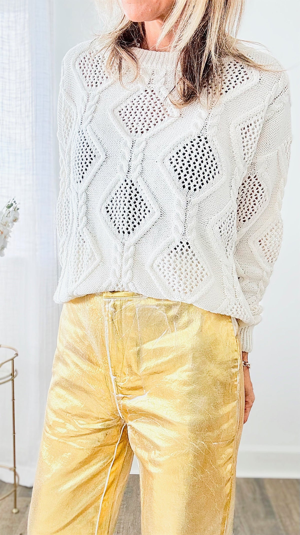 Gold Metallic High Waist Straight Pants-170 Bottoms-BIBI-Coastal Bloom Boutique, find the trendiest versions of the popular styles and looks Located in Indialantic, FL