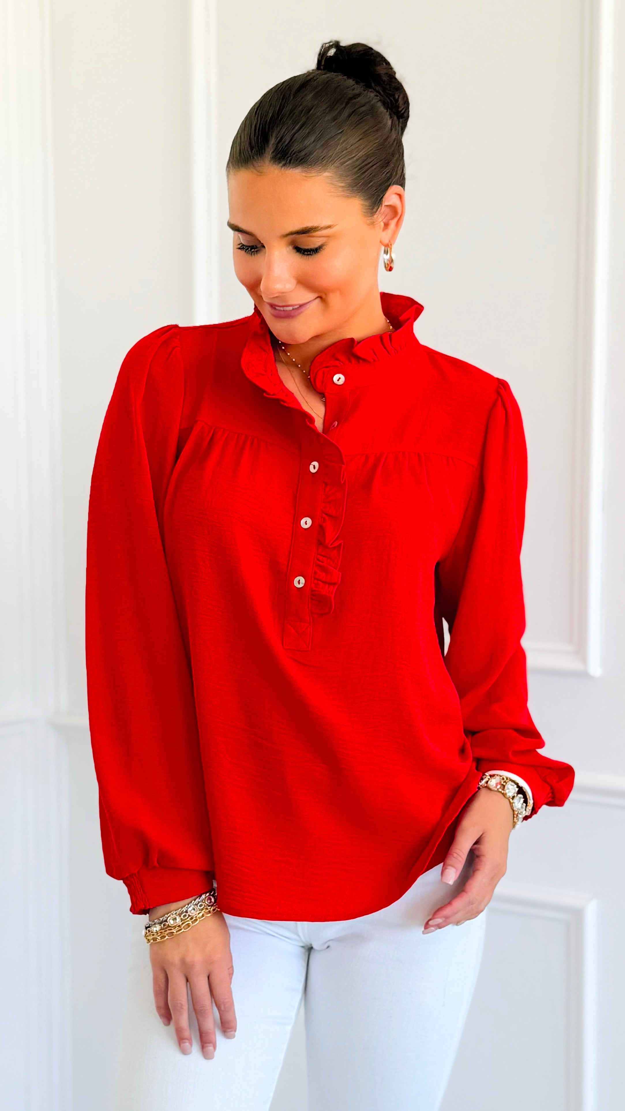 Victorian Muse Ruffle Top - Tomato Red-130 Long Sleeve Tops-JODIFL-Coastal Bloom Boutique, find the trendiest versions of the popular styles and looks Located in Indialantic, FL