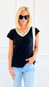 Shimmer Trim V-Neck Italian Top- Black-110 short Sleeve Top-SARL LACOMY-Coastal Bloom Boutique, find the trendiest versions of the popular styles and looks Located in Indialantic, FL