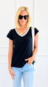 Shimmer Trim V-Neck Italian Top- Black-110 short Sleeve Top-SARL LACOMY-Coastal Bloom Boutique, find the trendiest versions of the popular styles and looks Located in Indialantic, FL