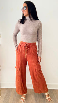 Mineral Washed Cargo Wide Pants - Vintage Brick-170 Bottoms-Easel-Coastal Bloom Boutique, find the trendiest versions of the popular styles and looks Located in Indialantic, FL