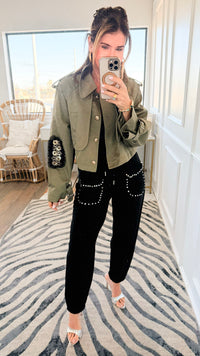 The Gilded Bloom Cropped Jacket- Olive