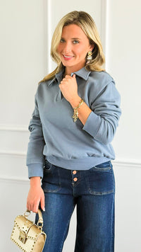 Whispered Grace Polo Top - Dusty Blue-130 Long Sleeve Tops-Rosio-Coastal Bloom Boutique, find the trendiest versions of the popular styles and looks Located in Indialantic, FL