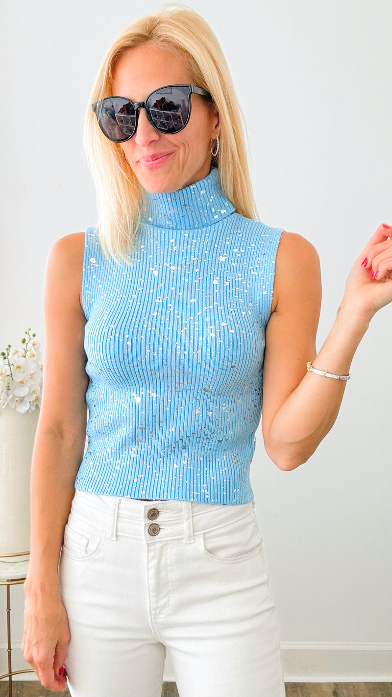 Turtleneck Speckled Italian Tank - Sky Blue /Silver-100 Sleeveless Tops-Germany-Coastal Bloom Boutique, find the trendiest versions of the popular styles and looks Located in Indialantic, FL