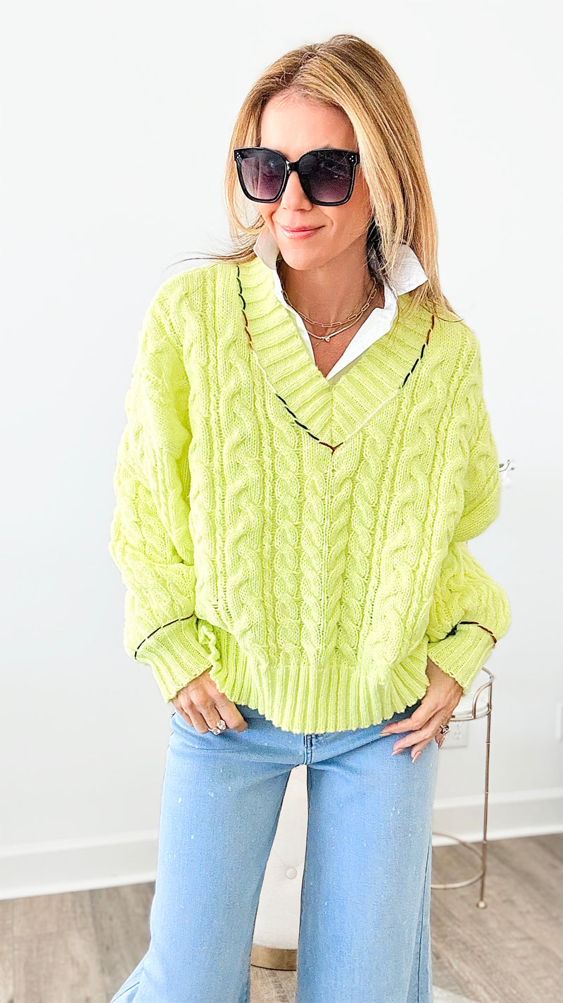 Cable Knit V- Neck Sweater Top - Neon Green-140 Sweaters-Macaron-Coastal Bloom Boutique, find the trendiest versions of the popular styles and looks Located in Indialantic, FL
