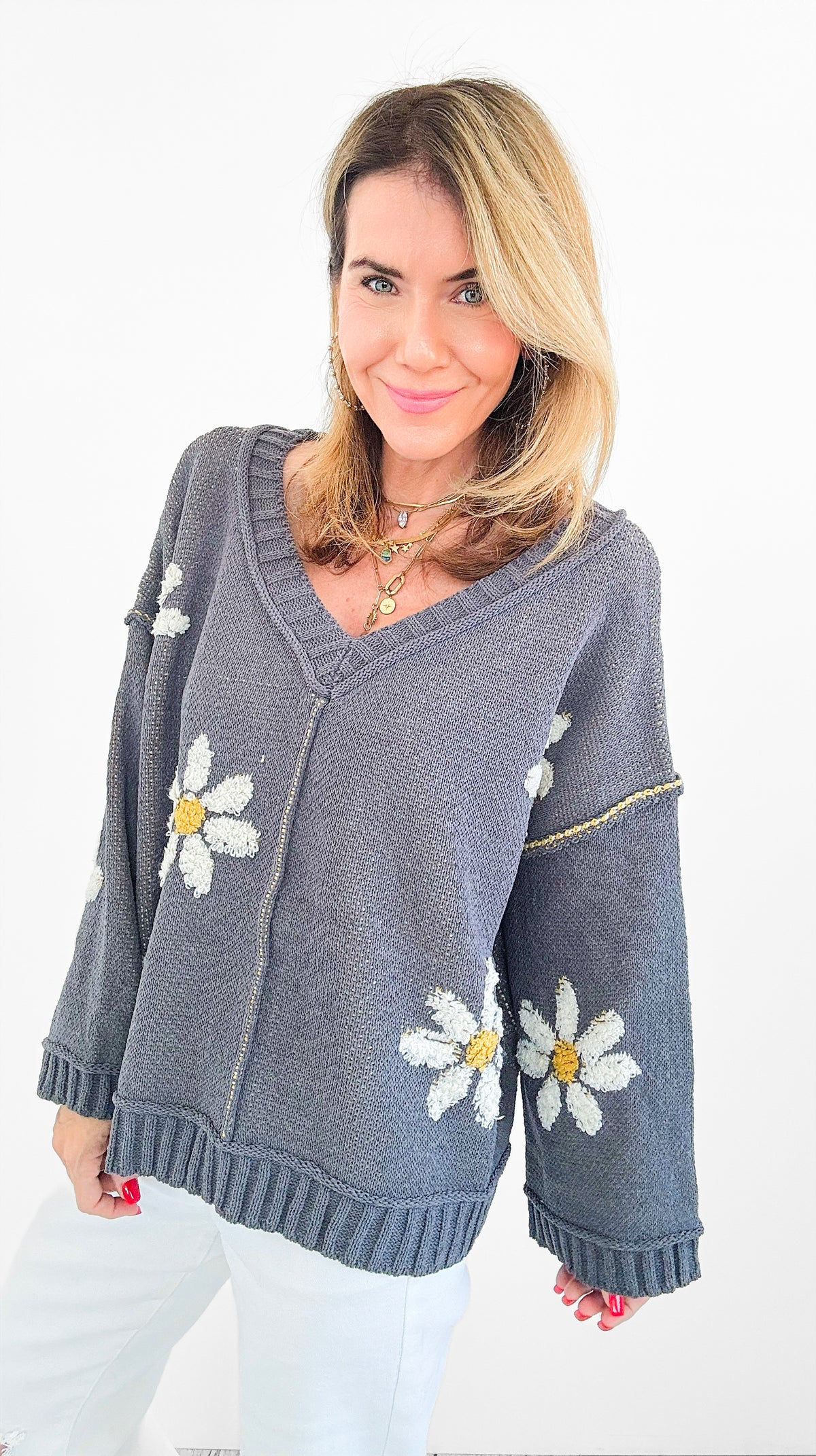 Daisy V-Neck Sweater-140 Sweaters-MIRACLE-Coastal Bloom Boutique, find the trendiest versions of the popular styles and looks Located in Indialantic, FL