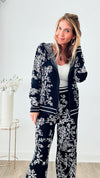 Adiorable Floral Tapestry Knit Zip Up Set - Black-130 Long sleeve top-Chasing Bandits-Coastal Bloom Boutique, find the trendiest versions of the popular styles and looks Located in Indialantic, FL