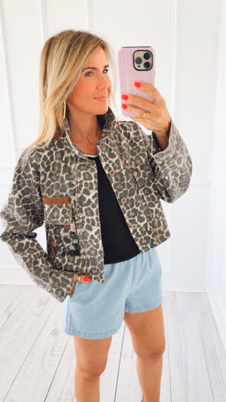 Leopard Floral Contrast Denim Jacket