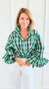 Tartan Ruffle Bell Sleeve Italian Blouse-170 Bottoms-TATTOO Z-Coastal Bloom Boutique, find the trendiest versions of the popular styles and looks Located in Indialantic, FL