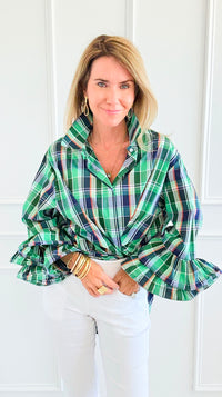 Tartan Ruffle Bell Sleeve Italian Blouse-170 Bottoms-TATTOO Z-Coastal Bloom Boutique, find the trendiest versions of the popular styles and looks Located in Indialantic, FL