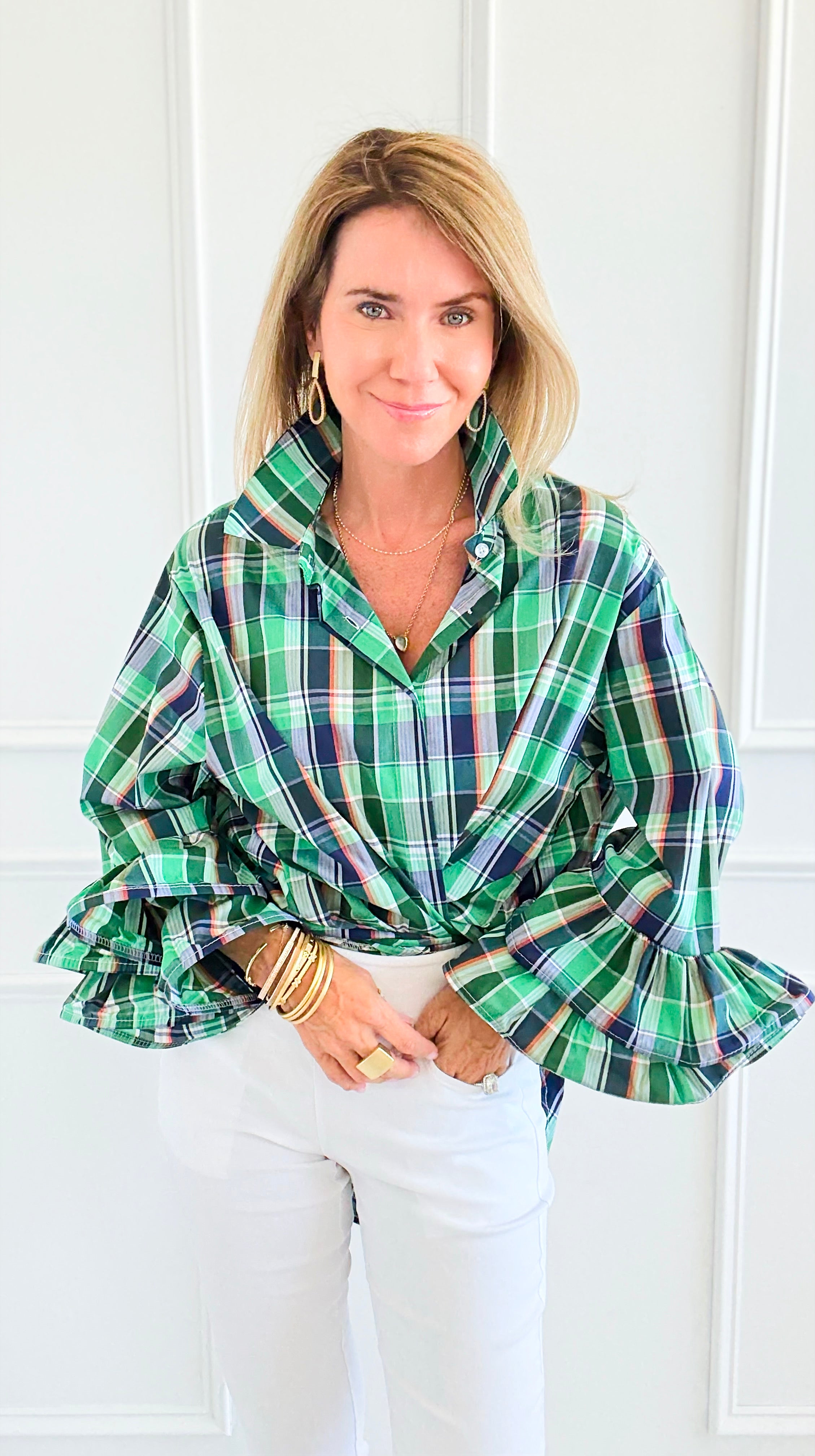 Tartan Ruffle Bell Sleeve Italian Blouse-170 Bottoms-TATTOO Z-Coastal Bloom Boutique, find the trendiest versions of the popular styles and looks Located in Indialantic, FL