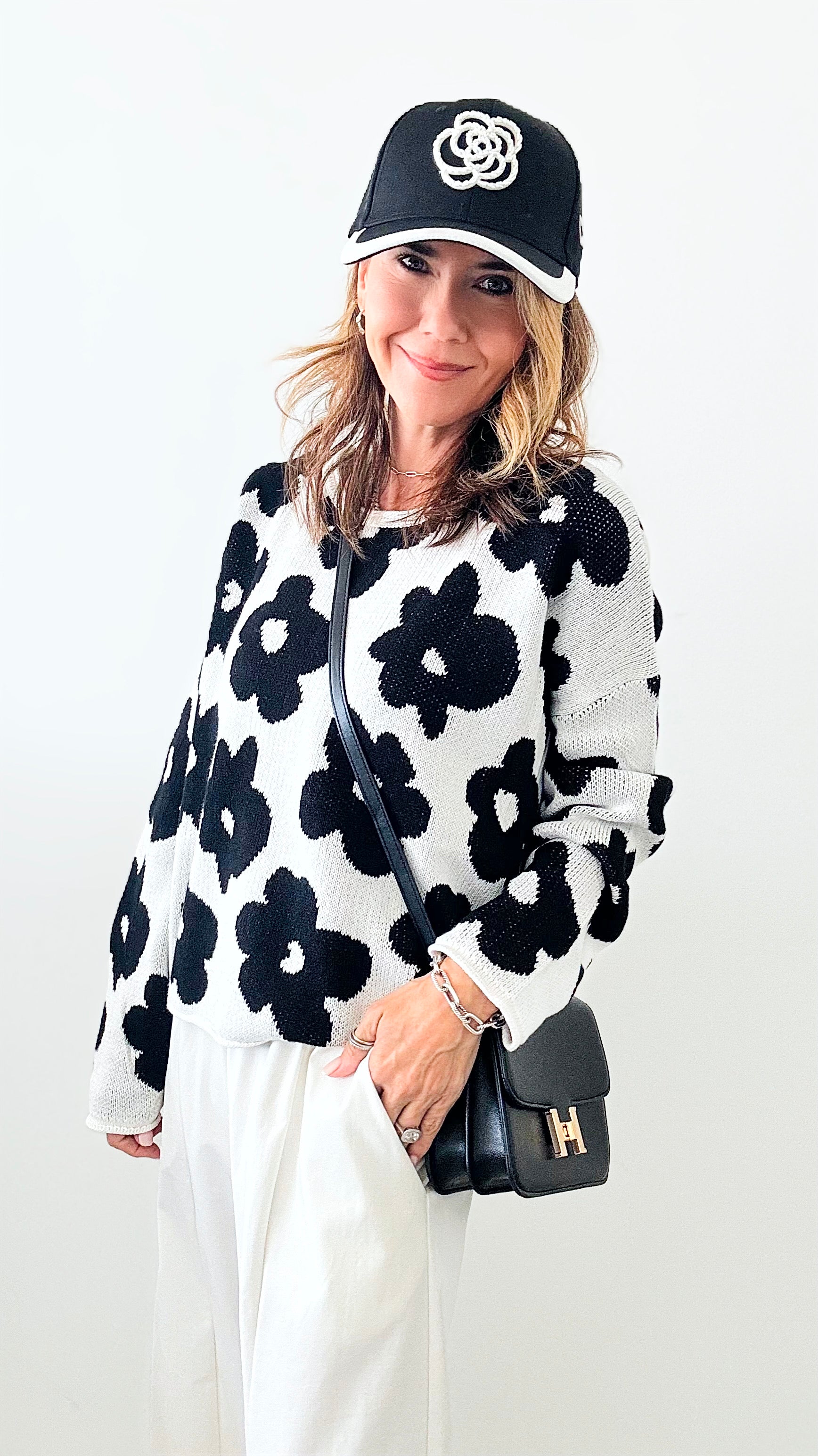 Flower Print Knit Top- Ivory/Black-140 Sweaters-Miracle-Coastal Bloom Boutique, find the trendiest versions of the popular styles and looks Located in Indialantic, FL