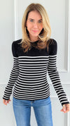 Striped Ribbed Knit Long Sleeve Top- Black-110 Long Sleeve Tops-English Factory-Coastal Bloom Boutique, find the trendiest versions of the popular styles and looks Located in Indialantic, FL