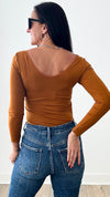 Seamless Reversible V-Neck Long Sleeve - Caramel-130 Long Sleeve Tops-YELETE-Coastal Bloom Boutique, find the trendiest versions of the popular styles and looks Located in Indialantic, FL